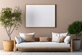 Modern Scandinavian Elegance Sofa, Potted Tree, and Blank Mock-Up Poster Frame on Beige WallÃ¢â¬âStylish Living Room Interior Royalty Free Stock Photo